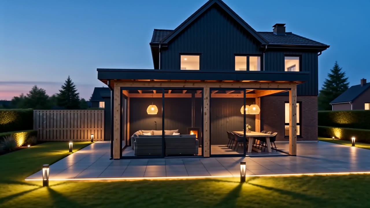 De overkapping 's avonds met sfeerverlichting